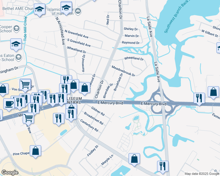 map of restaurants, bars, coffee shops, grocery stores, and more near 10 Riverdale Drive in Hampton