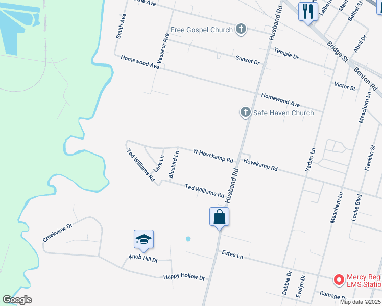 map of restaurants, bars, coffee shops, grocery stores, and more near 2205 West Hovekamp Road in Paducah