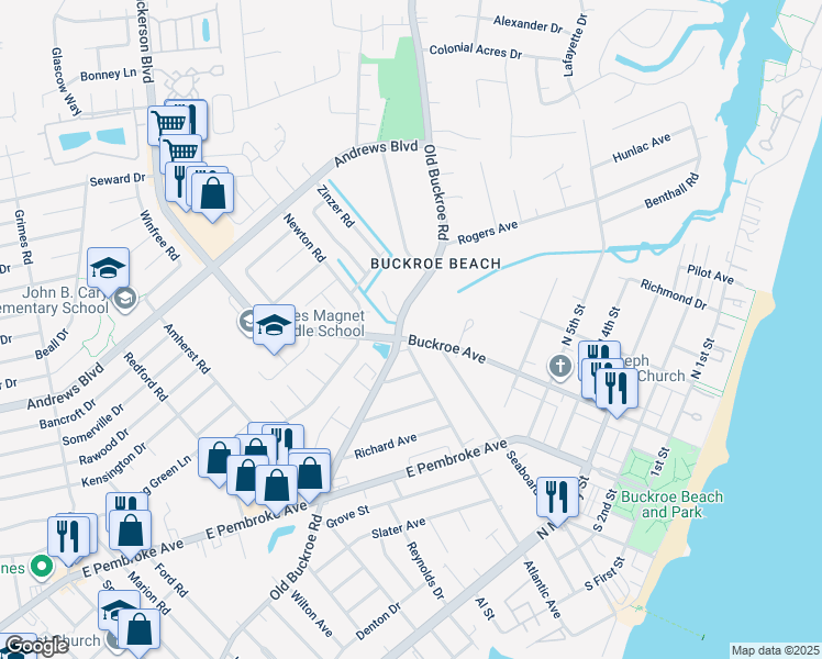 map of restaurants, bars, coffee shops, grocery stores, and more near 814 Buckroe Avenue in Hampton
