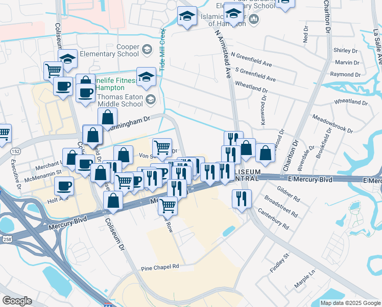map of restaurants, bars, coffee shops, grocery stores, and more near 2014 Cunningham Drive in Hampton