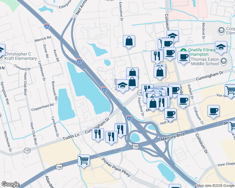 map of restaurants, bars, coffee shops, grocery stores, and more near 811 Lake Tower Drive in Hampton