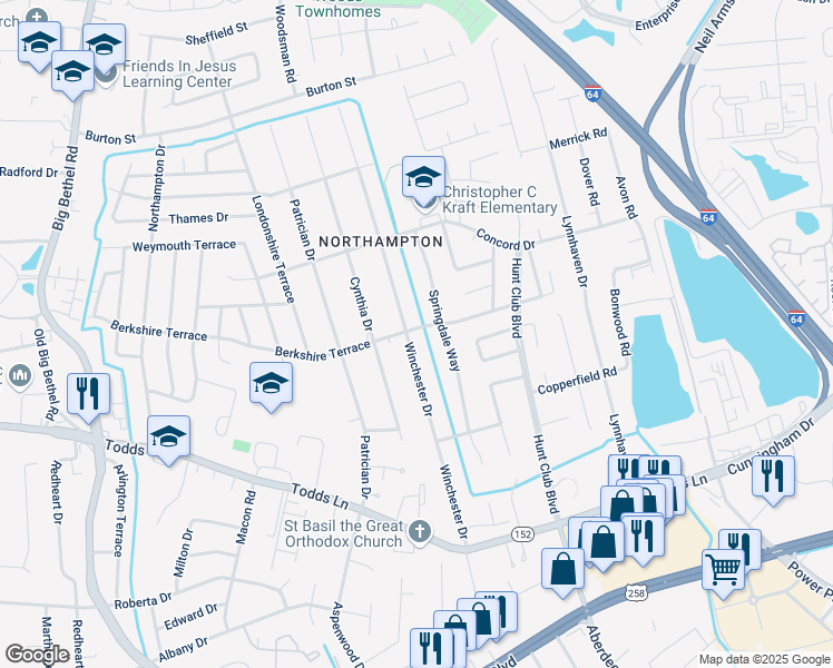 map of restaurants, bars, coffee shops, grocery stores, and more near 167 Winchester Drive in Hampton