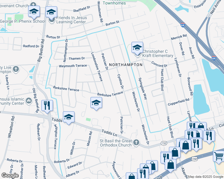 map of restaurants, bars, coffee shops, grocery stores, and more near 223 Patrician Drive in Hampton