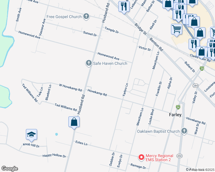 map of restaurants, bars, coffee shops, grocery stores, and more near 2362-2530 Hovekamp Road in Paducah