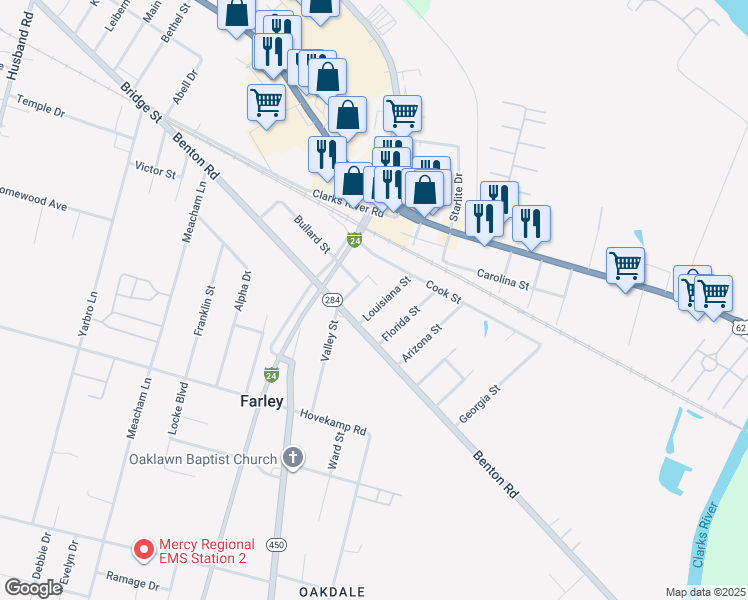 map of restaurants, bars, coffee shops, grocery stores, and more near 201 Louisiana Street in Paducah