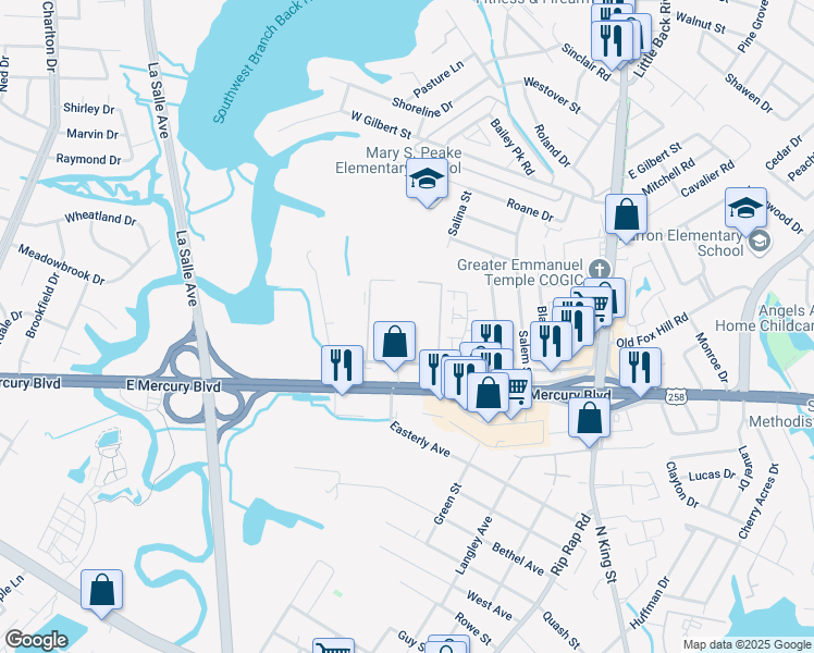 map of restaurants, bars, coffee shops, grocery stores, and more near 130 Doolittle Road in Hampton