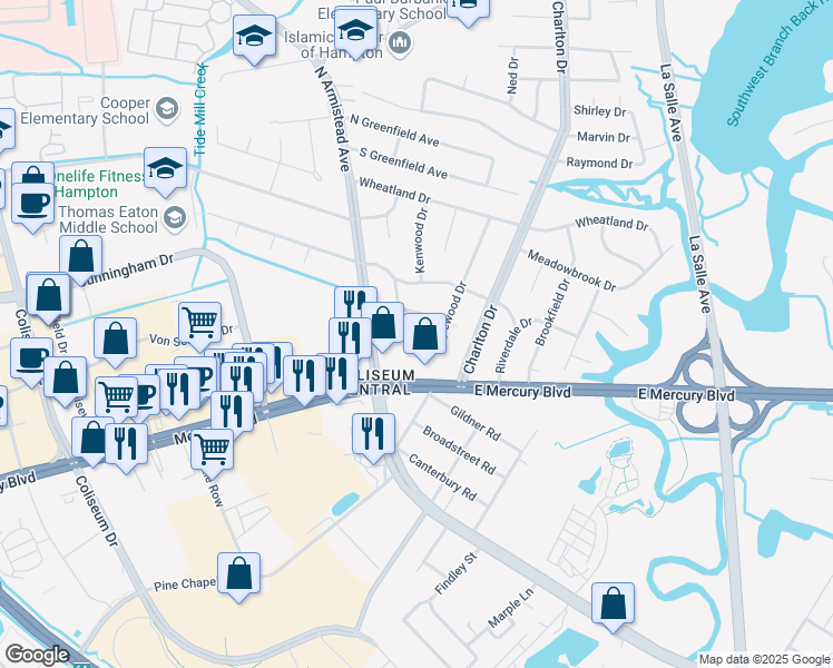 map of restaurants, bars, coffee shops, grocery stores, and more near 11 Inglewood Drive in Hampton