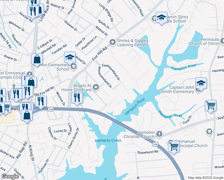 map of restaurants, bars, coffee shops, grocery stores, and more near 40 Westmoreland Drive in Hampton