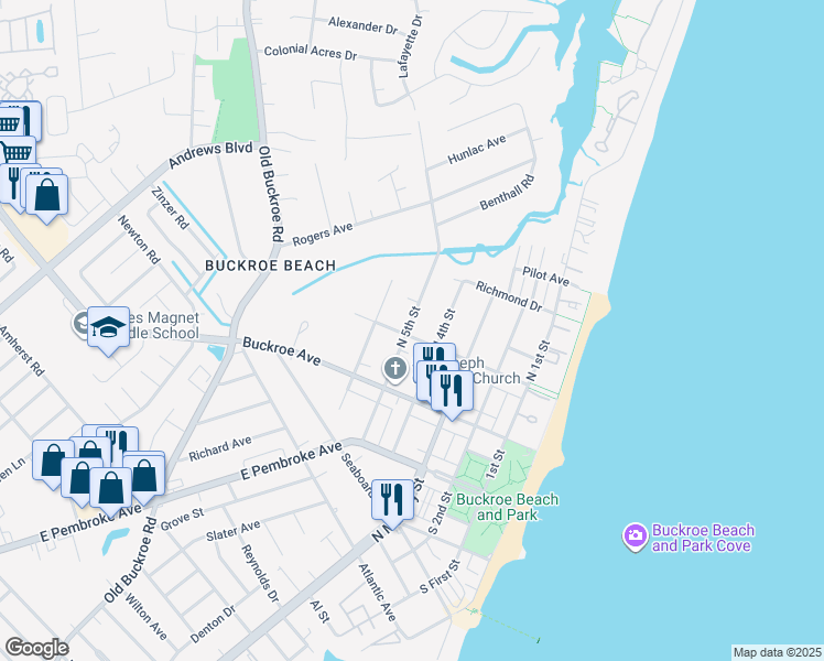 map of restaurants, bars, coffee shops, grocery stores, and more near 422 Tappan Avenue in Hampton