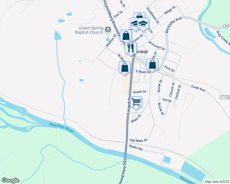map of restaurants, bars, coffee shops, grocery stores, and more near 321 Virginia Avenue in Brookneal