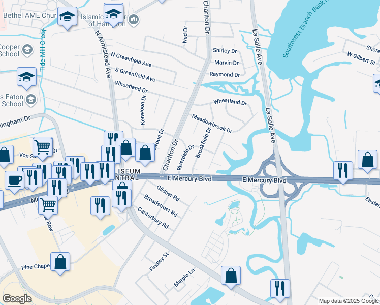 map of restaurants, bars, coffee shops, grocery stores, and more near 10 Riverdale Drive in Hampton