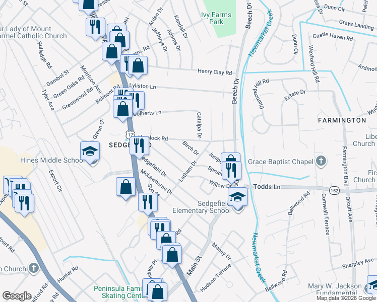 map of restaurants, bars, coffee shops, grocery stores, and more near 610 Birch Drive in Newport News