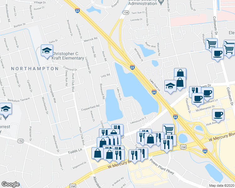 map of restaurants, bars, coffee shops, grocery stores, and more near 128 Lake One Drive in Hampton