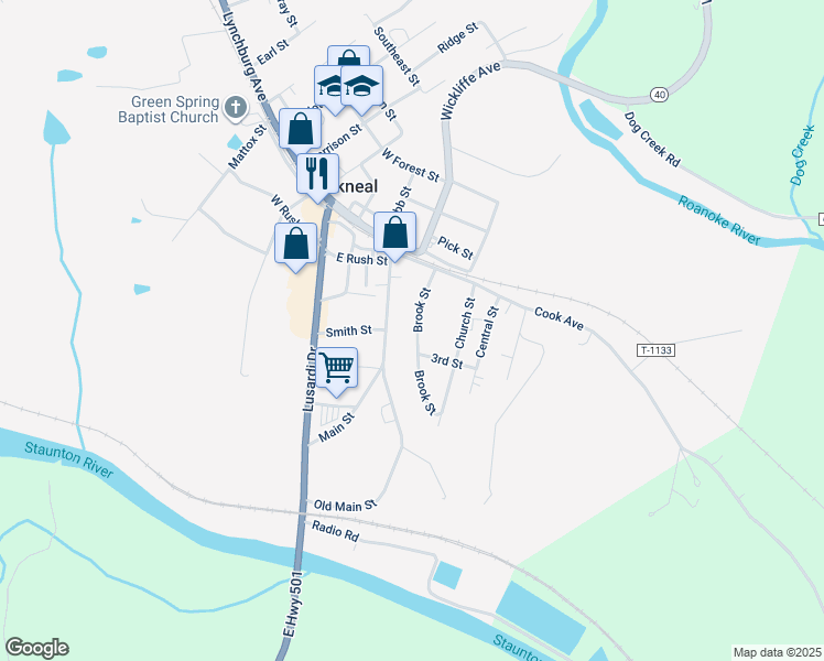 map of restaurants, bars, coffee shops, grocery stores, and more near 126 Brook Street in Brookneal