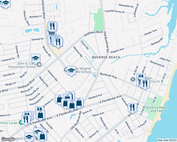 map of restaurants, bars, coffee shops, grocery stores, and more near 1800 Nickerson Boulevard in Hampton