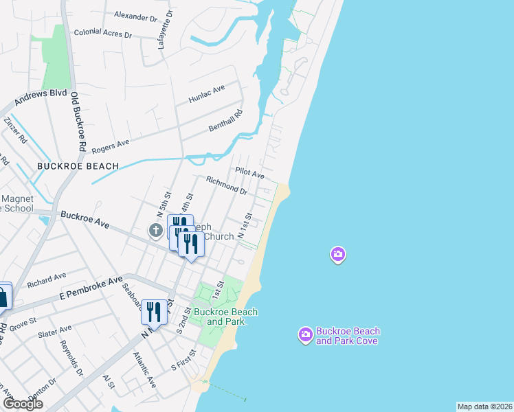 map of restaurants, bars, coffee shops, grocery stores, and more near 342 North 1st Street in Hampton