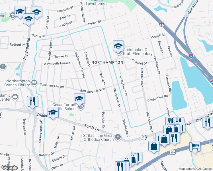 map of restaurants, bars, coffee shops, grocery stores, and more near 700 Berkshire Terrace in Hampton