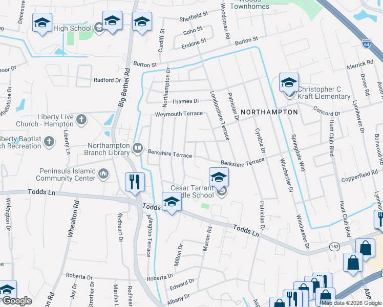 map of restaurants, bars, coffee shops, grocery stores, and more near 830 Berkshire Terrace in Hampton