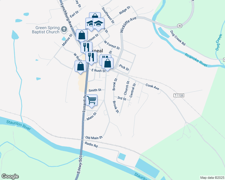 map of restaurants, bars, coffee shops, grocery stores, and more near 126 Brook Street in Brookneal