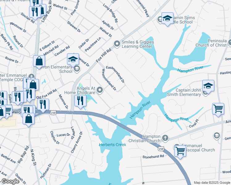 map of restaurants, bars, coffee shops, grocery stores, and more near 40 Westmoreland Drive in Hampton