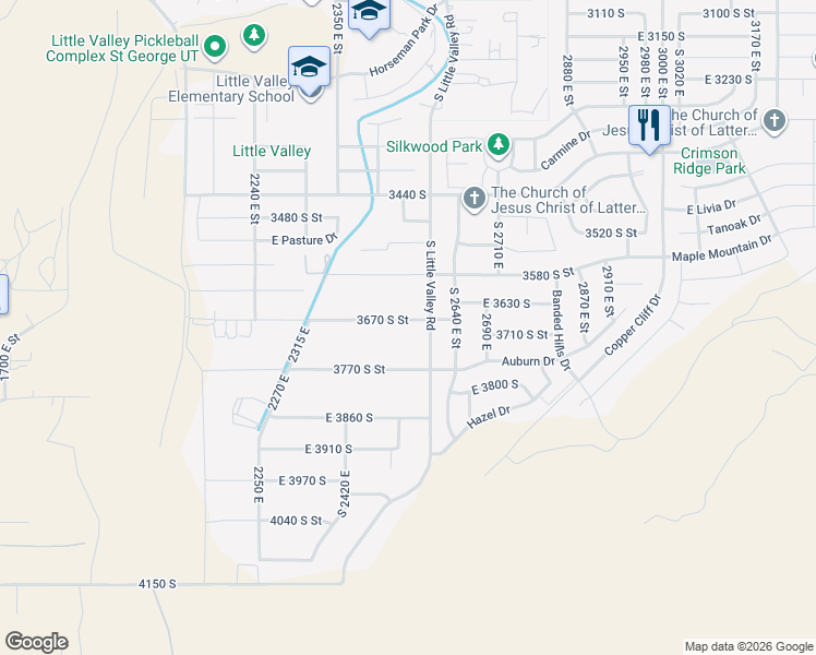 map of restaurants, bars, coffee shops, grocery stores, and more near 2536 East 3670 South in St. George