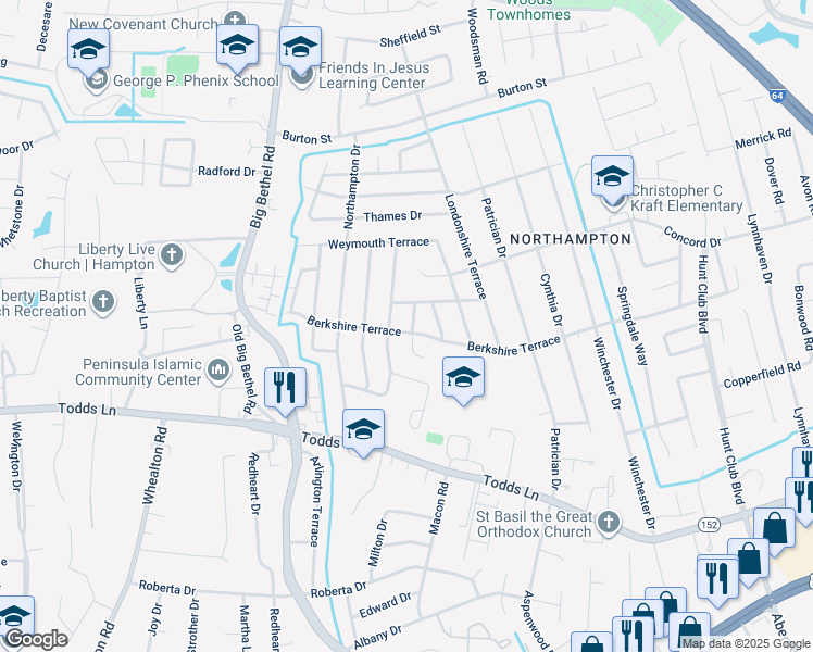 map of restaurants, bars, coffee shops, grocery stores, and more near 830 Berkshire Terrace in Hampton