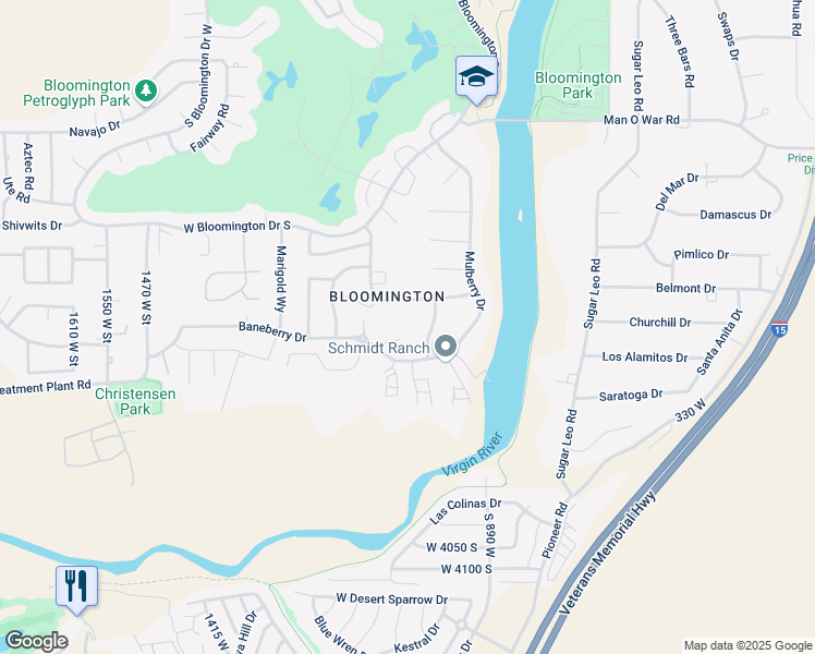 map of restaurants, bars, coffee shops, grocery stores, and more near 3687 Del Rio Circle in St. George
