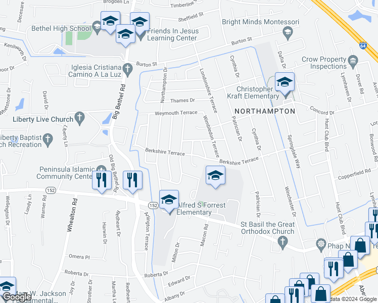 map of restaurants, bars, coffee shops, grocery stores, and more near 830 Berkshire Terrace in Hampton