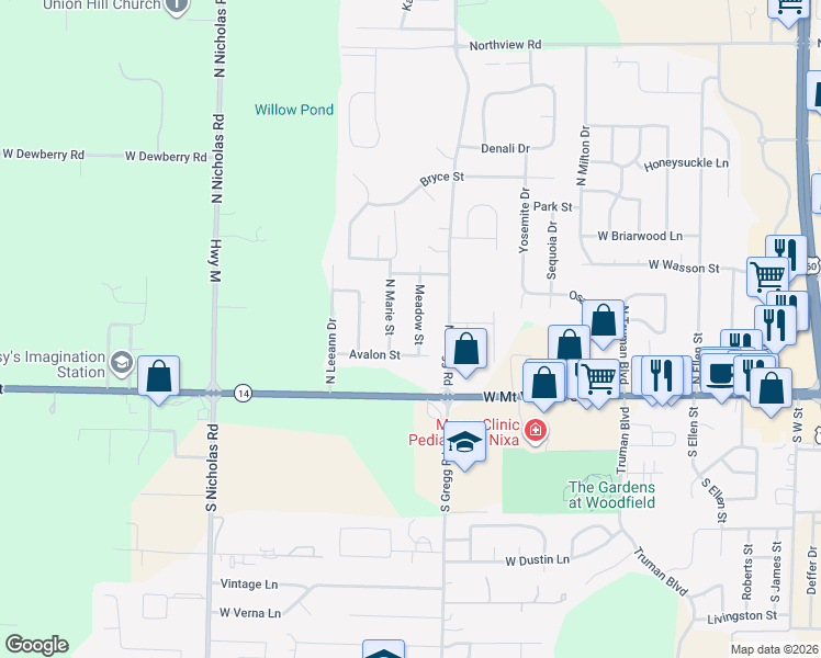 map of restaurants, bars, coffee shops, grocery stores, and more near 206 North Marie Street in Nixa