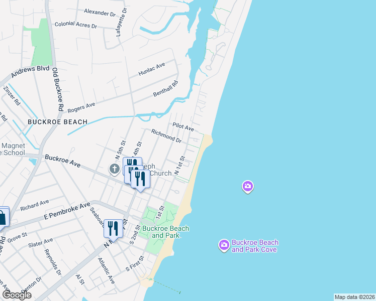 map of restaurants, bars, coffee shops, grocery stores, and more near 342 North 1st Street in Hampton