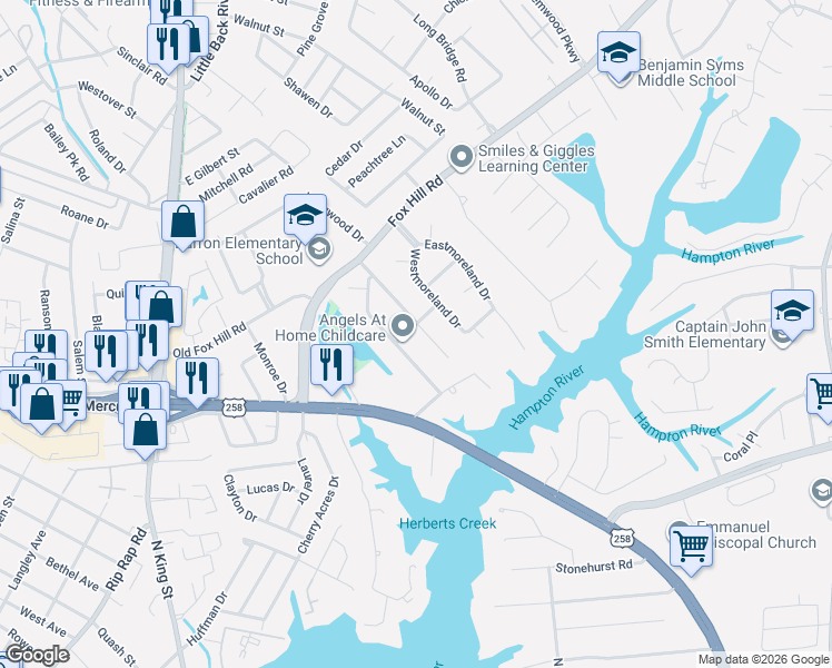 map of restaurants, bars, coffee shops, grocery stores, and more near 17 Saint Albans Drive in Hampton