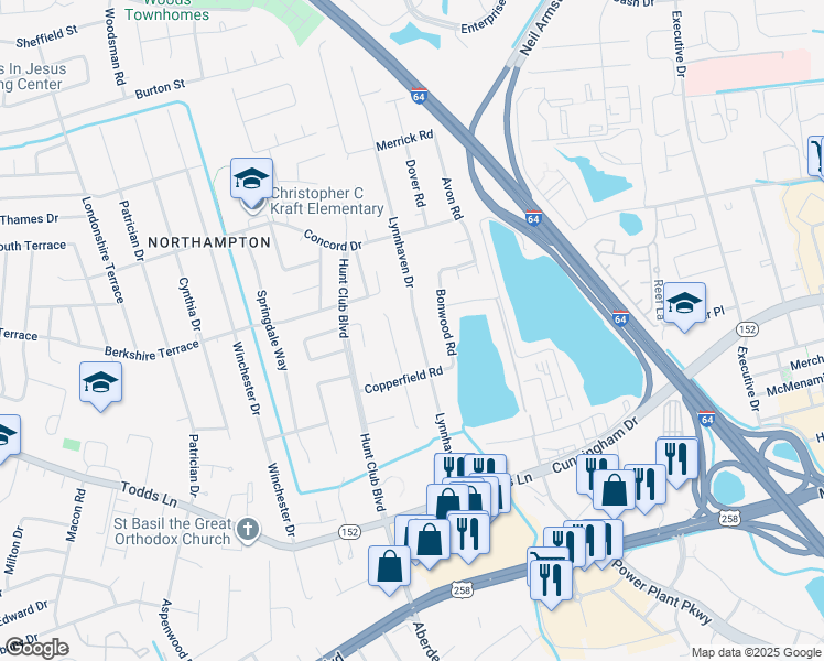 map of restaurants, bars, coffee shops, grocery stores, and more near 115 Lynnhaven Drive in Hampton