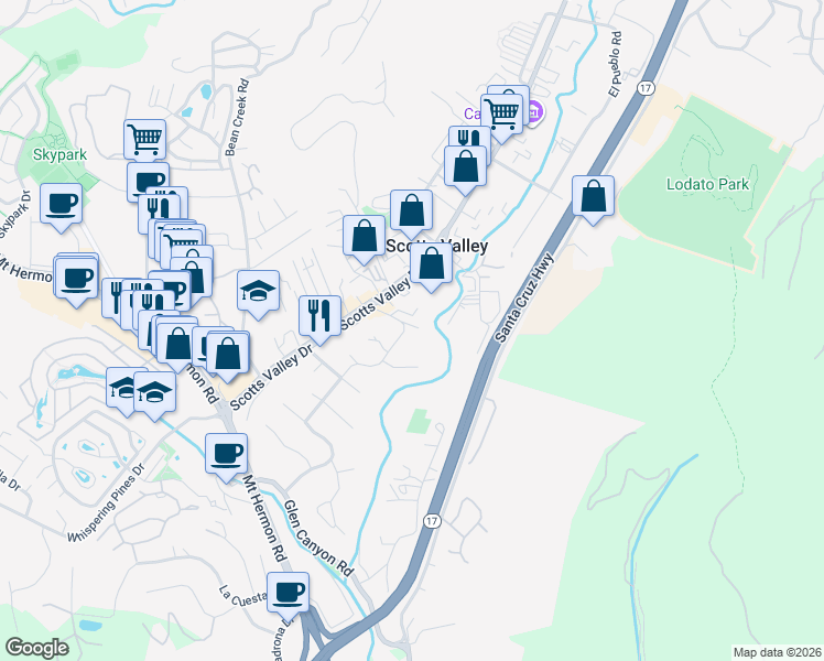 map of restaurants, bars, coffee shops, grocery stores, and more near 320 Oak Creek Boulevard in Scotts Valley