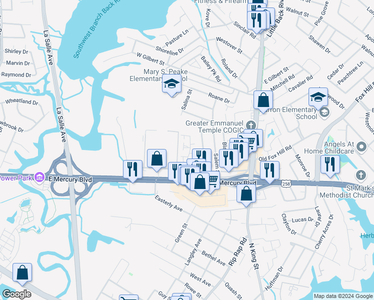 map of restaurants, bars, coffee shops, grocery stores, and more near 103 Parkway Drive in Hampton