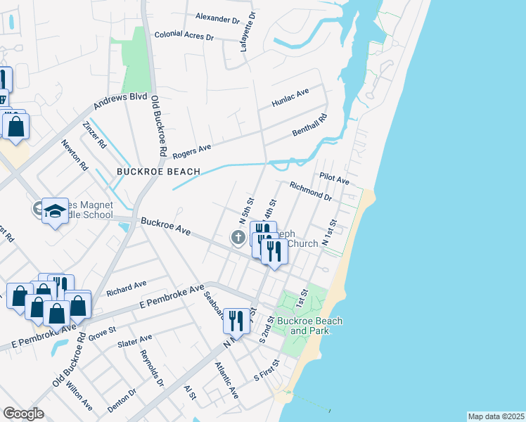 map of restaurants, bars, coffee shops, grocery stores, and more near 209 North 4th Street in Hampton
