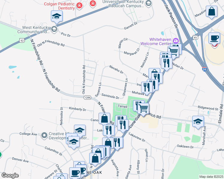 map of restaurants, bars, coffee shops, grocery stores, and more near 235 Mohawk Drive in Paducah