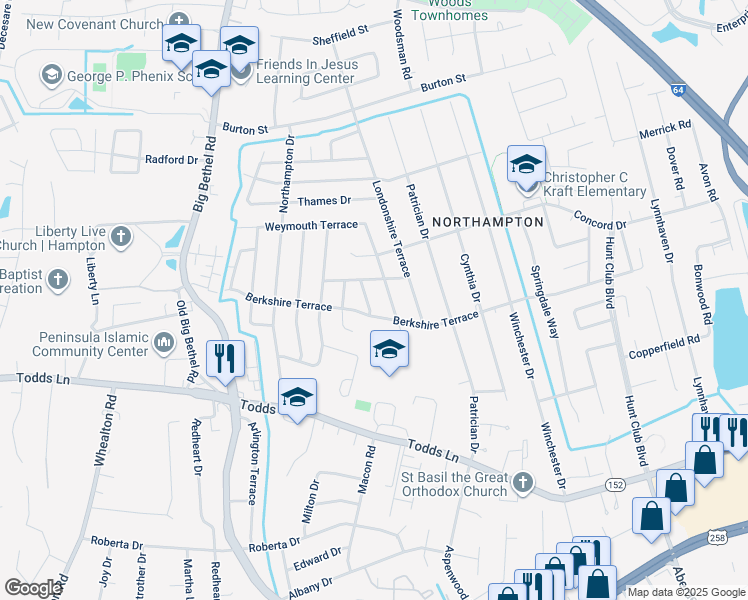 map of restaurants, bars, coffee shops, grocery stores, and more near 38 Dunnshire Terrace in Hampton