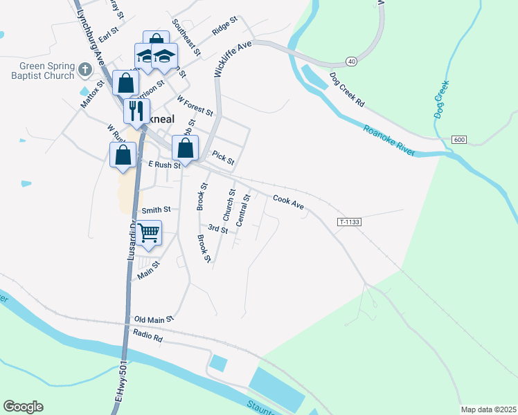 map of restaurants, bars, coffee shops, grocery stores, and more near 110 Barksdale Street in Brookneal