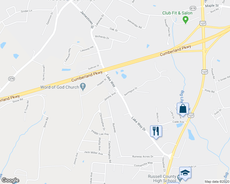 map of restaurants, bars, coffee shops, grocery stores, and more near 769 Lake Way in Russell Springs