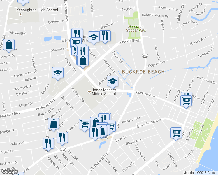 map of restaurants, bars, coffee shops, grocery stores, and more near 1816 Nickerson Boulevard in Hampton