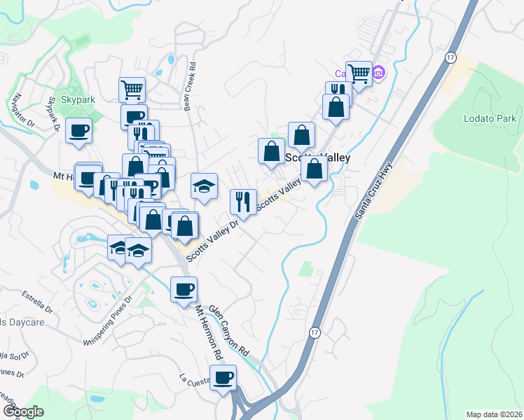 map of restaurants, bars, coffee shops, grocery stores, and more near 4300 Scotts Valley Drive in Scotts Valley