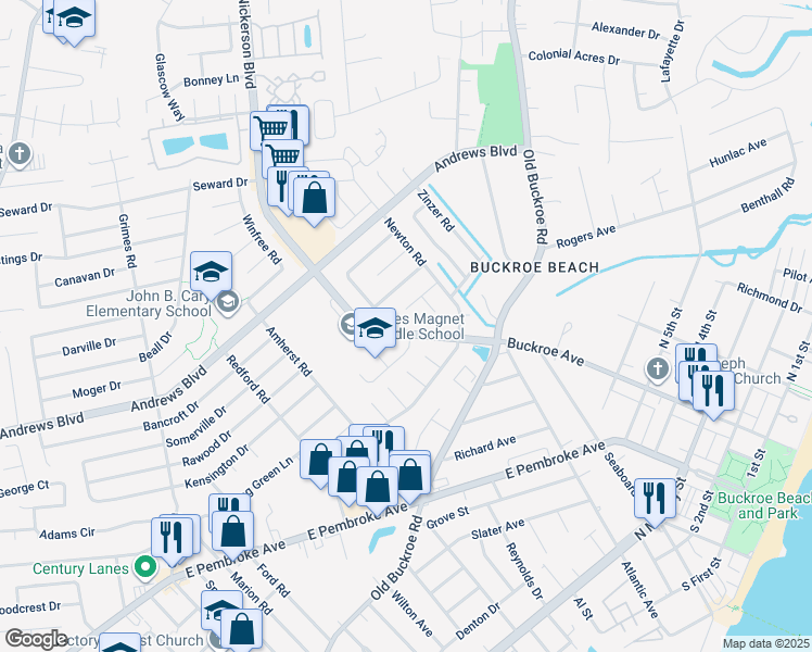map of restaurants, bars, coffee shops, grocery stores, and more near 1816 Nickerson Boulevard in Hampton
