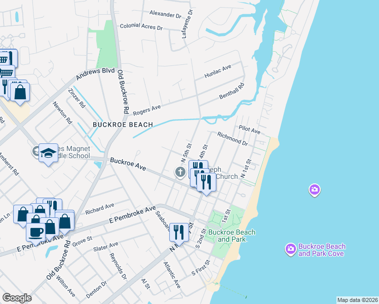 map of restaurants, bars, coffee shops, grocery stores, and more near 422 Tappan Avenue in Hampton