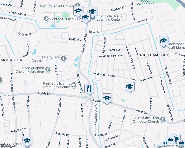 map of restaurants, bars, coffee shops, grocery stores, and more near 936 Big Bethel Road in Hampton