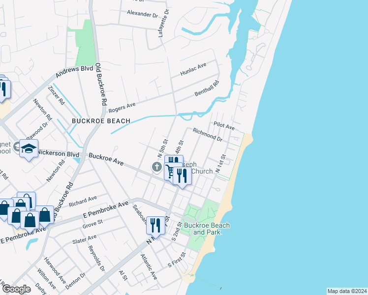 map of restaurants, bars, coffee shops, grocery stores, and more near 206 North 4th Street in Hampton