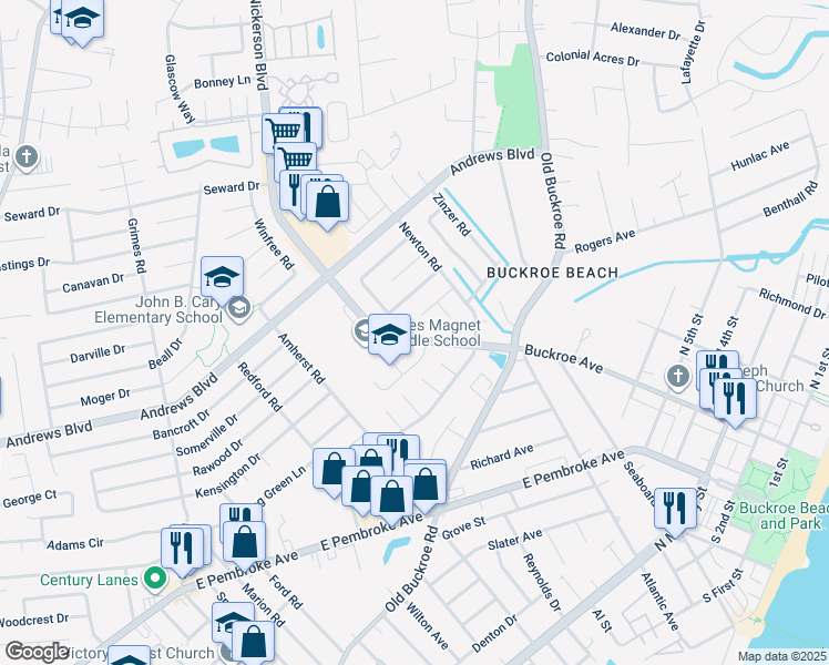 map of restaurants, bars, coffee shops, grocery stores, and more near 1818 Nickerson Boulevard in Hampton