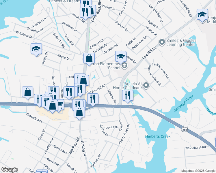 map of restaurants, bars, coffee shops, grocery stores, and more near 28 Monroe Drive in Hampton