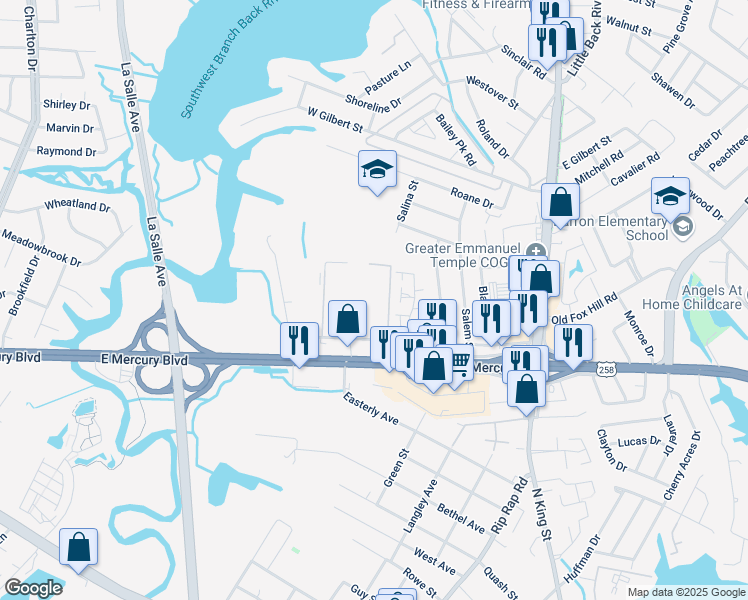 map of restaurants, bars, coffee shops, grocery stores, and more near 39 Parkway Drive in Hampton