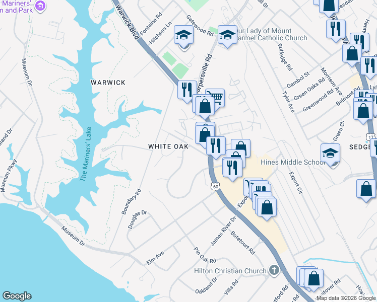 map of restaurants, bars, coffee shops, grocery stores, and more near 145 Nelson Drive in Newport News