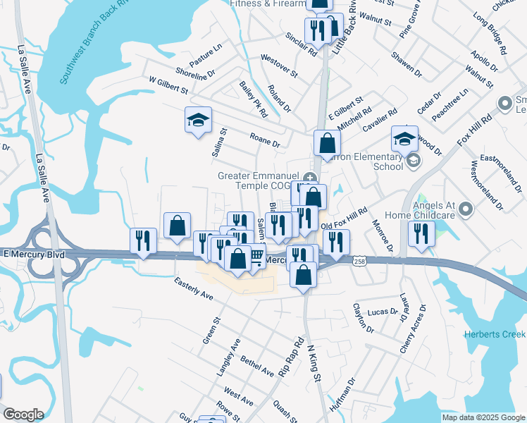 map of restaurants, bars, coffee shops, grocery stores, and more near 24 Salem Street in Hampton